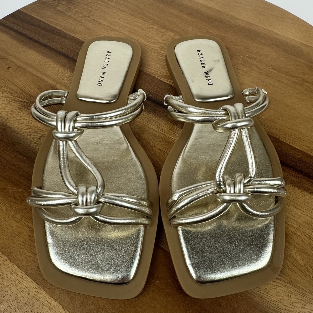 New NWOB Womens‎ Azalea Wang Stetson Gold Metallic Leather Slides Sandals Size 8
